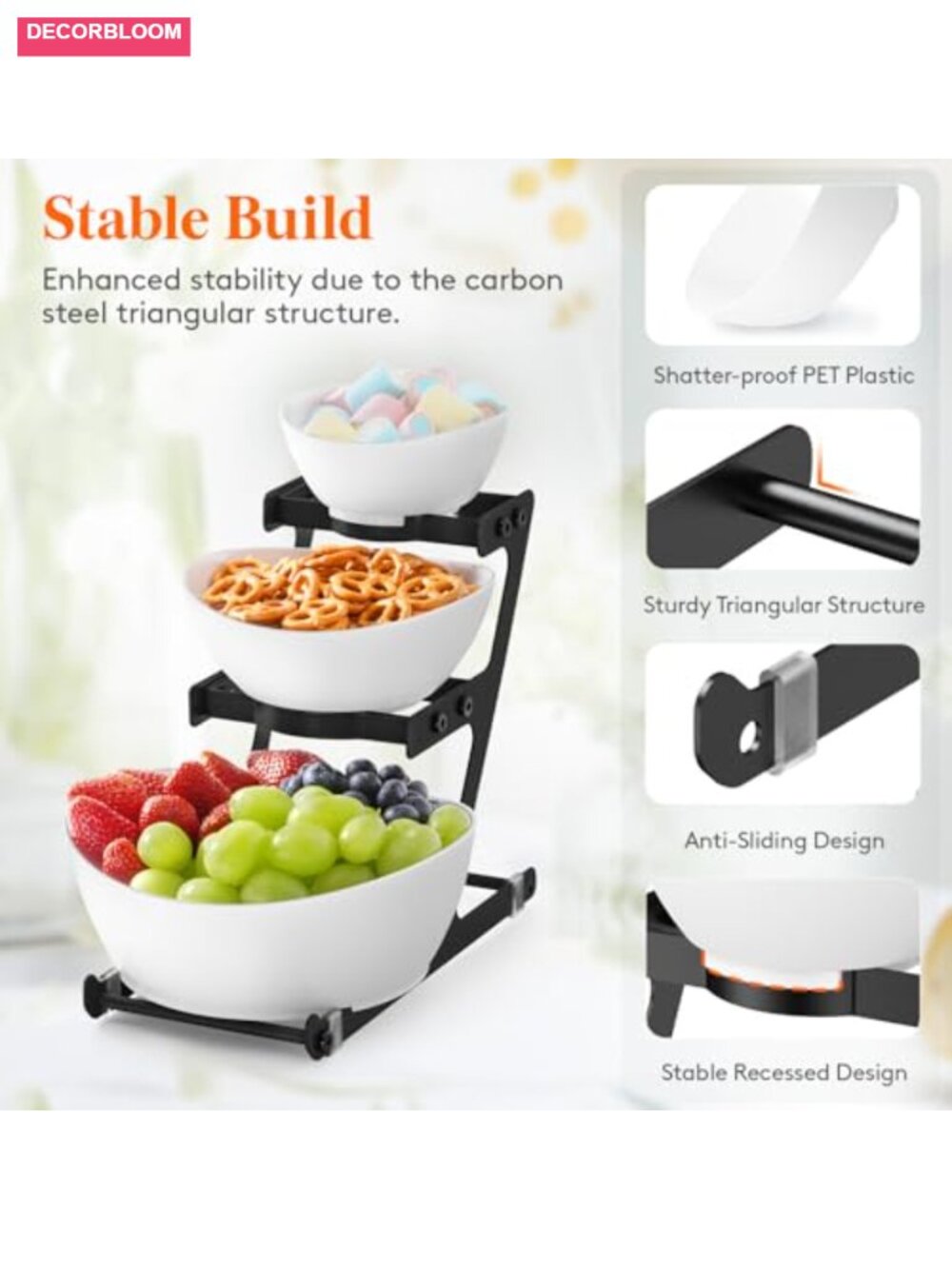 3 Tier Plastic Serving Bowls Chip and Dip Set Party Fruit Snack - Picture 4 of 6
